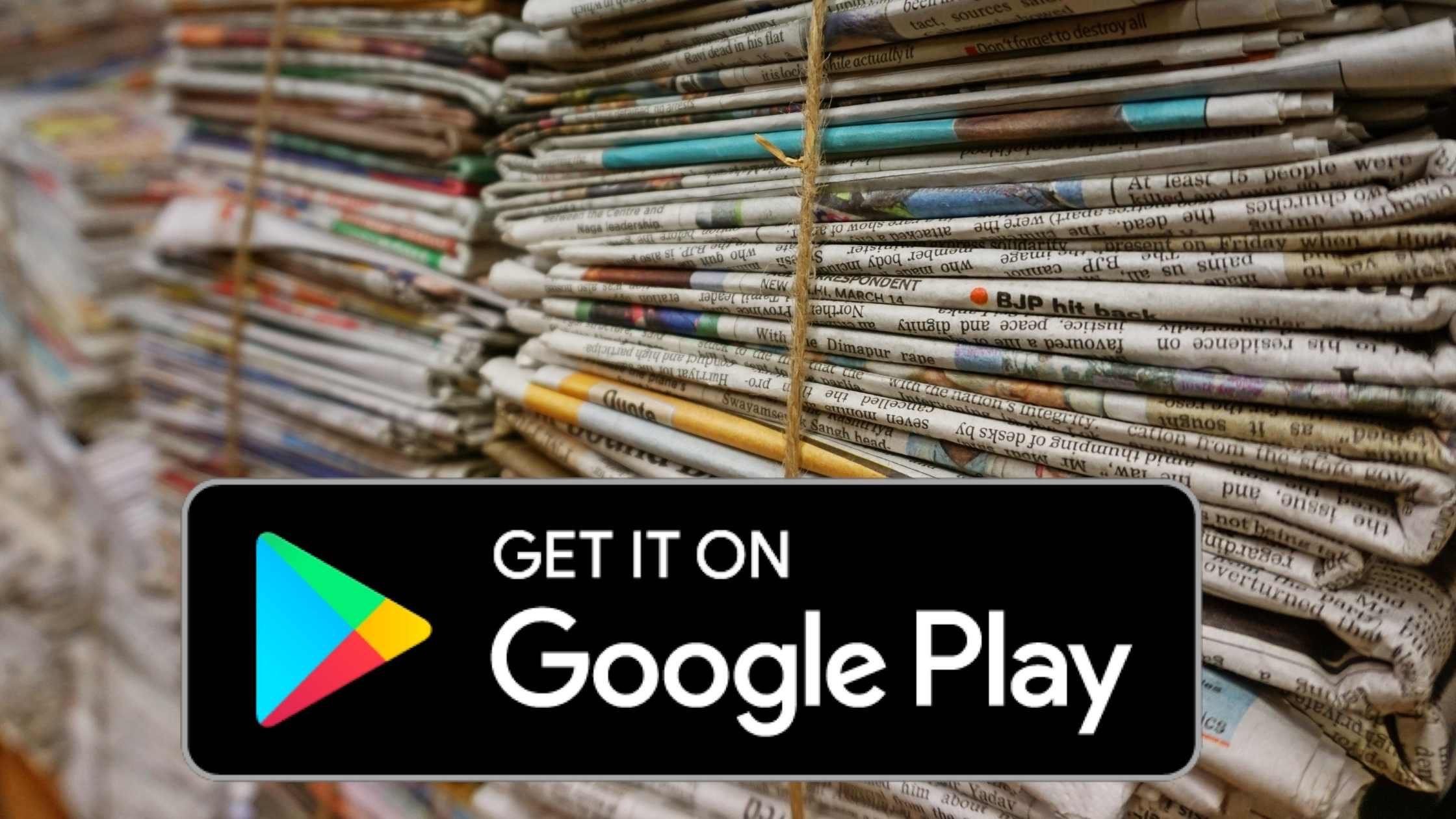 App bundle concept; photo of stacks of bundled newspapers and Get it on Google Play button icon