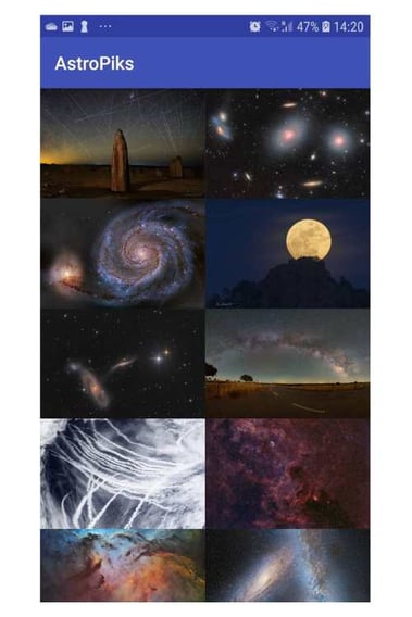 AstroPiks app home screenshot with a list of  Nasa pictures 2