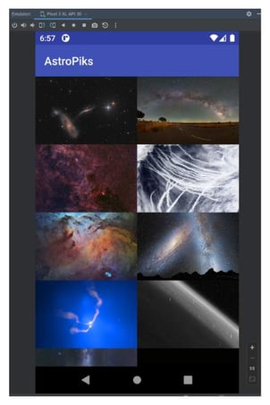 AstroPiks app home screenshot with a list of Nasa pictures
