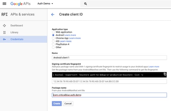 Auth demo Google developer console screenshot - create client id