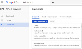 Auth demo Google developer console screenshot - create project