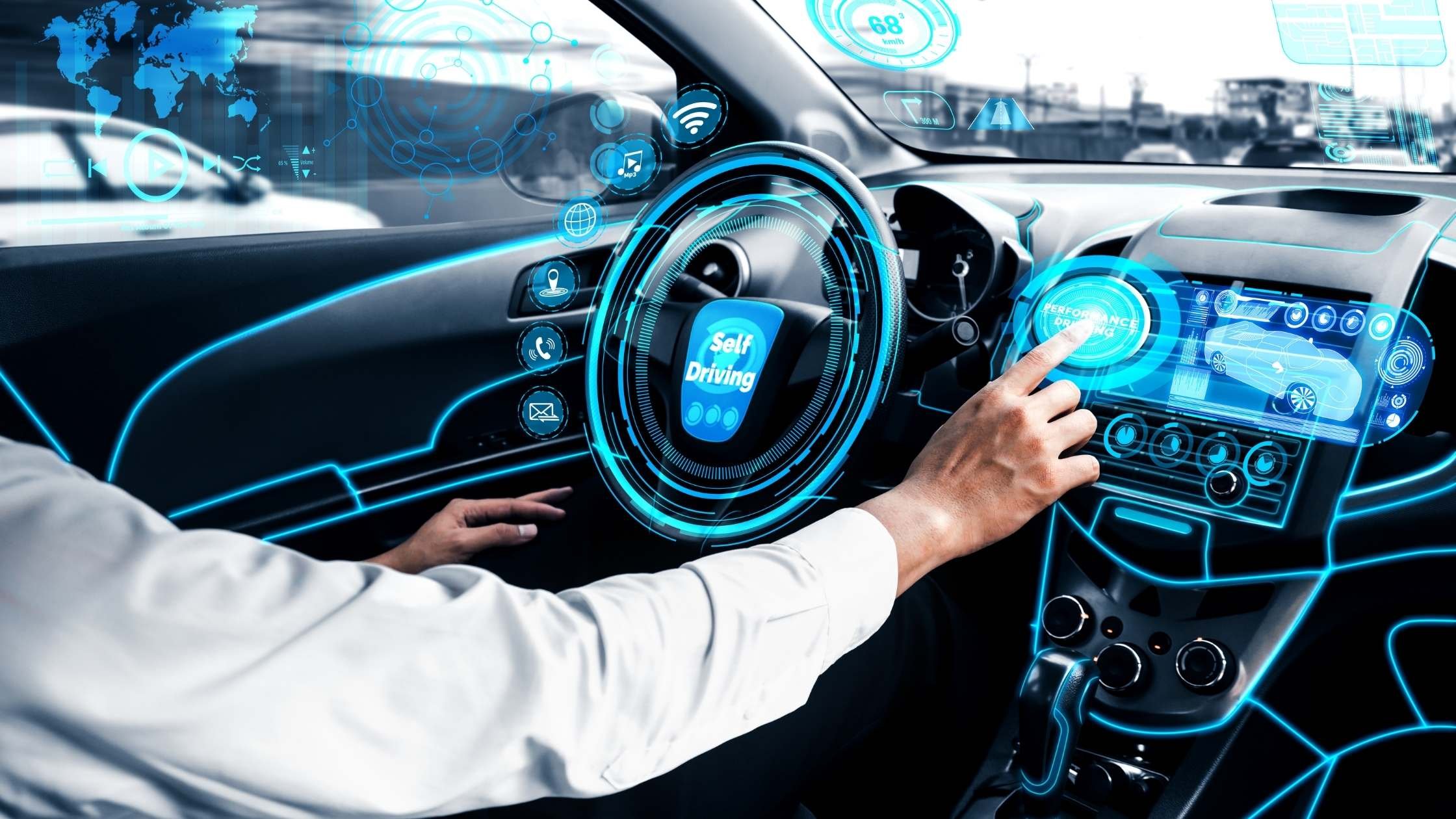 Close up of car interior and driver with a futuristic autonomous vehicle interface.