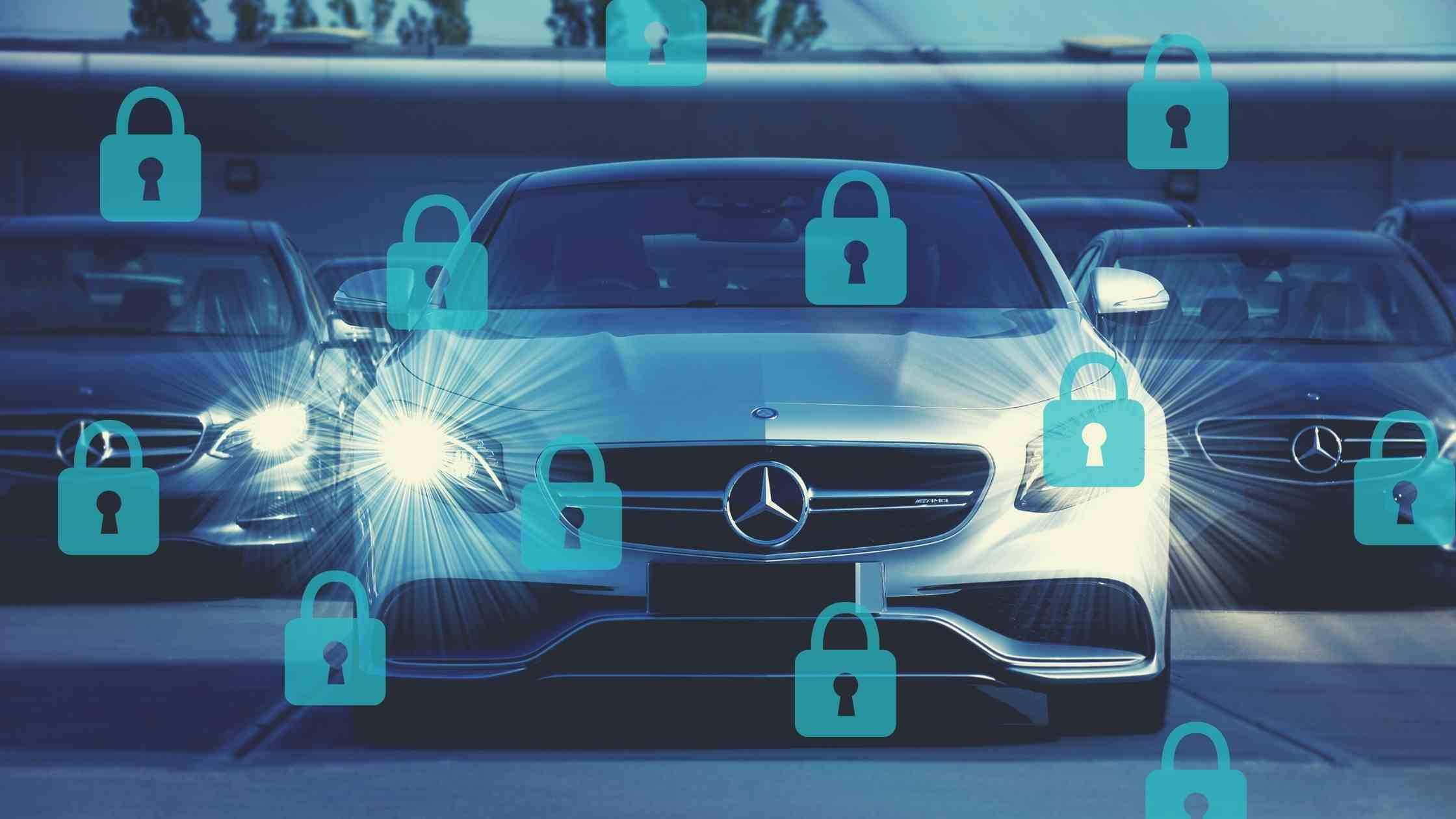 Connected cars security concept; oncoming vehicles with blue overlay and multiple closed padlock icons