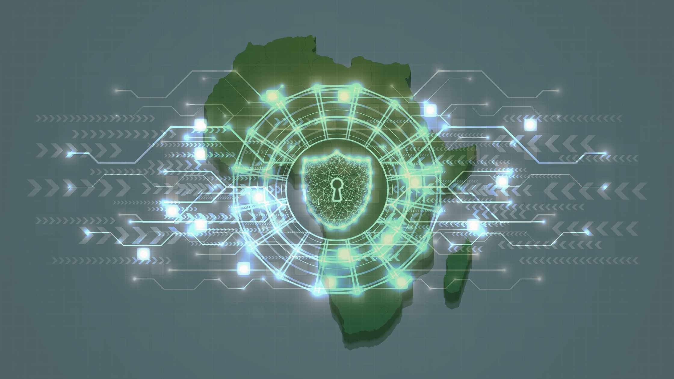 Digital security concept; technology shield graphic over map of Africa 