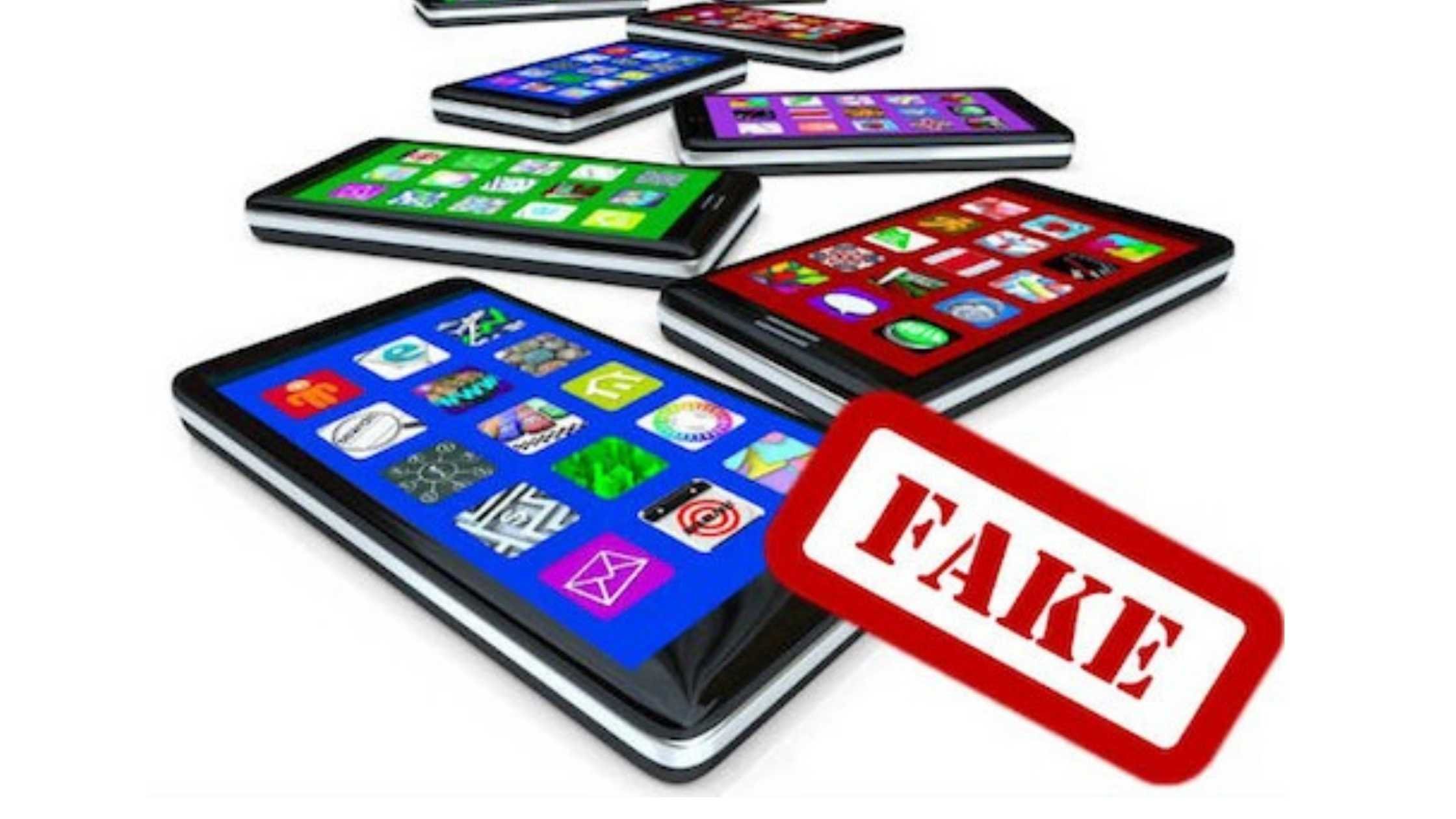 Fake mobile app concept; Graphic of mobile phones showing apps with Fake stamp
