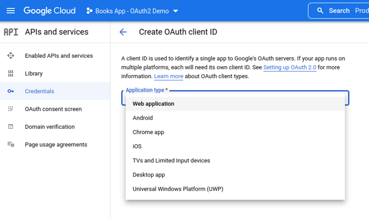 Google cloud console screen to select the type of the application