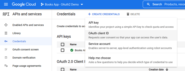 Google cloud console screen to create the Oauth2 credentials