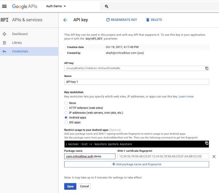 Google developer console screenshot; create api key