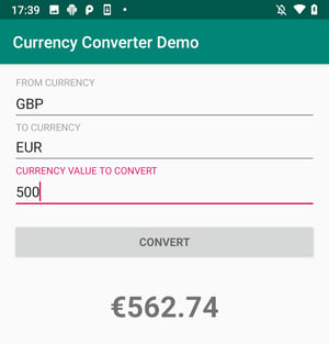 Screenshot from the mobile app screen with the currency conversion calculated.