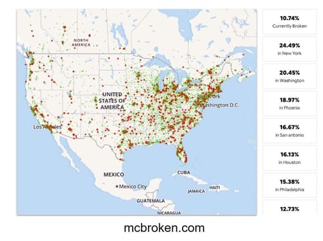 Screenshot from mcbroken.com; US map with red and green dots representing broken/working ice cream machines