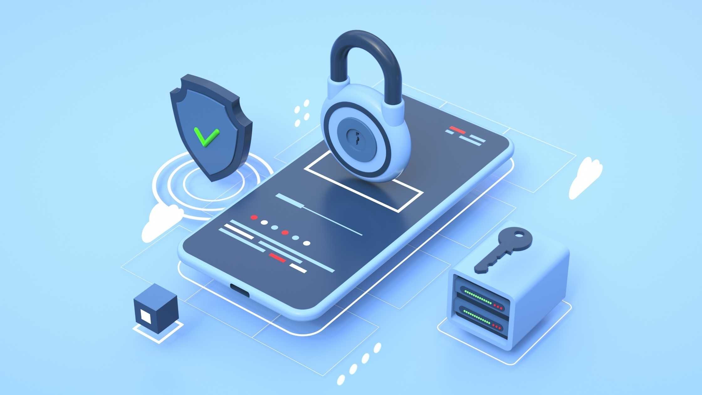 Mobile Cyber Security Threat Concept.; Graphic of phone, padlock, shield and server