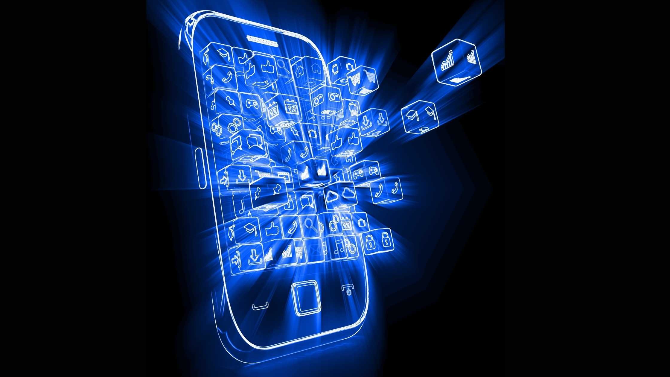Mobile phone application concept; Graphic of phone with cubes representing apps