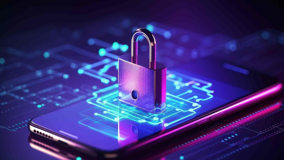 Mobile security concept; padlock smartphone, digital background