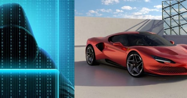 Photo montage showing hacker and luxury car