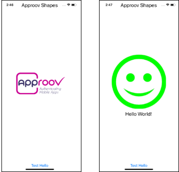 Screenshot Approov Shape demo - Hello button at the bottom of the screen