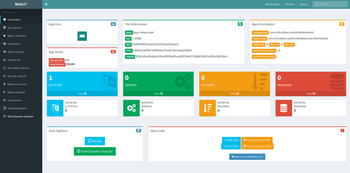 Screenshot from MobSF dashboard with the results