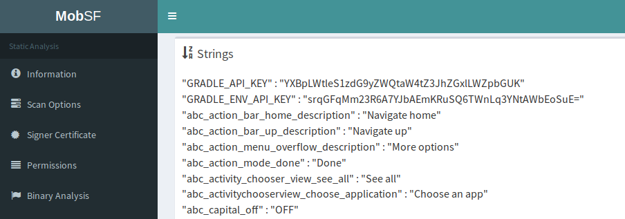 Screenshot from MobSF section to inspect the strings in the APK