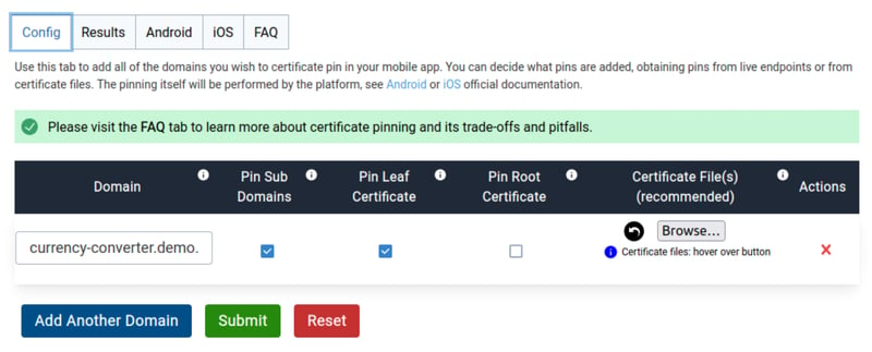 Screenshot from the Approov Mobile Certificate Pinning Generator online tool on the config tab.