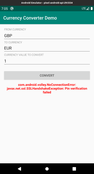 Screenshot from the Currency Converter Demo app when a TLS handshake exception occurs due to a MitM attack.