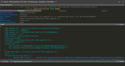 Screenshot from mitmproxy CLI with the details of the intercepted request to send to the report-uri the pinning verification failure.