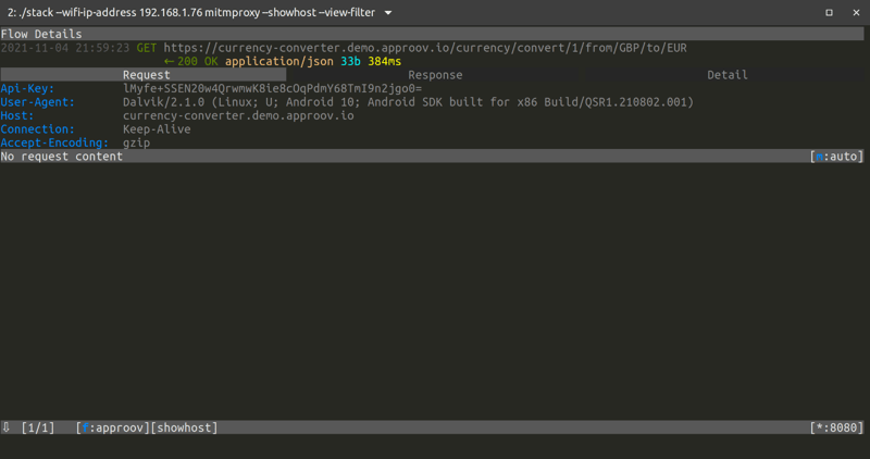 Screenshot from the mitmproxy CLI when intercepticing the request to make the currency conversion.