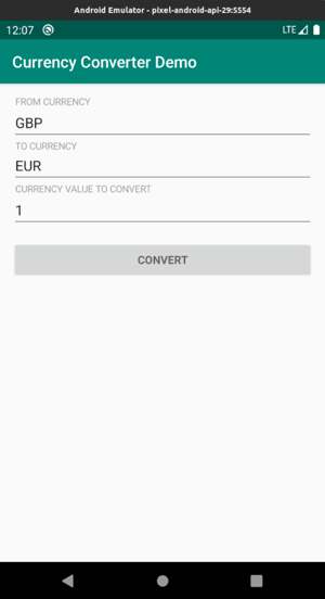Screenshot from the first screen on the Currency Converter Demo app