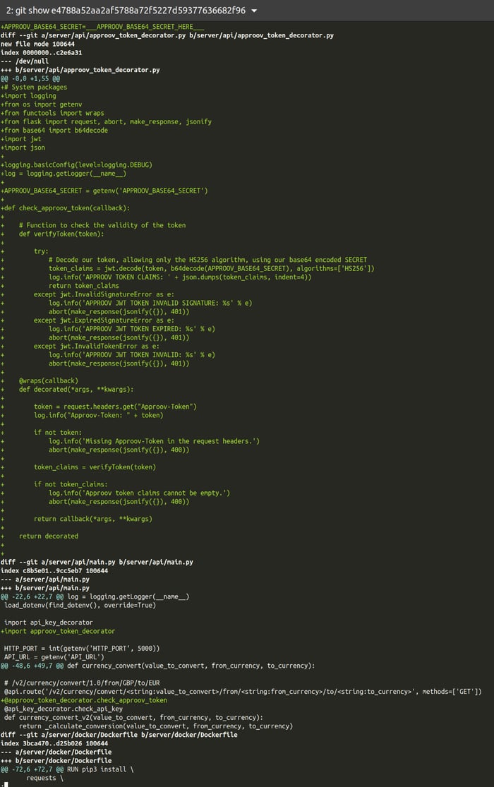 Screenshot from the git difference for the API server code.
