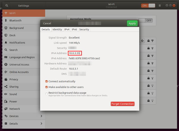Screenshot of Ubuntu WiFi Setting