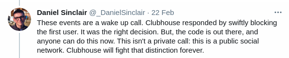 Screenshot of tweet by Daniel Sinclair about the Clubhouse data leak