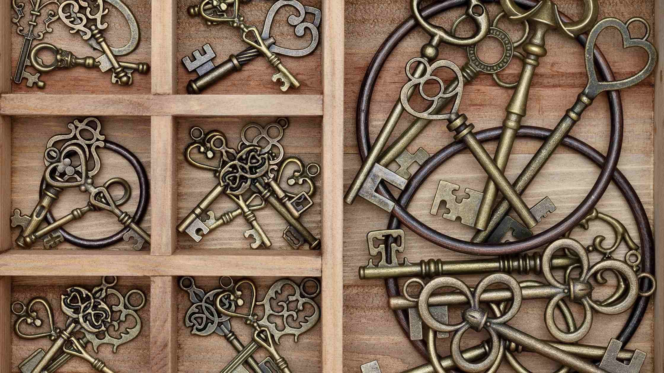 Vintage keys in a wooden box