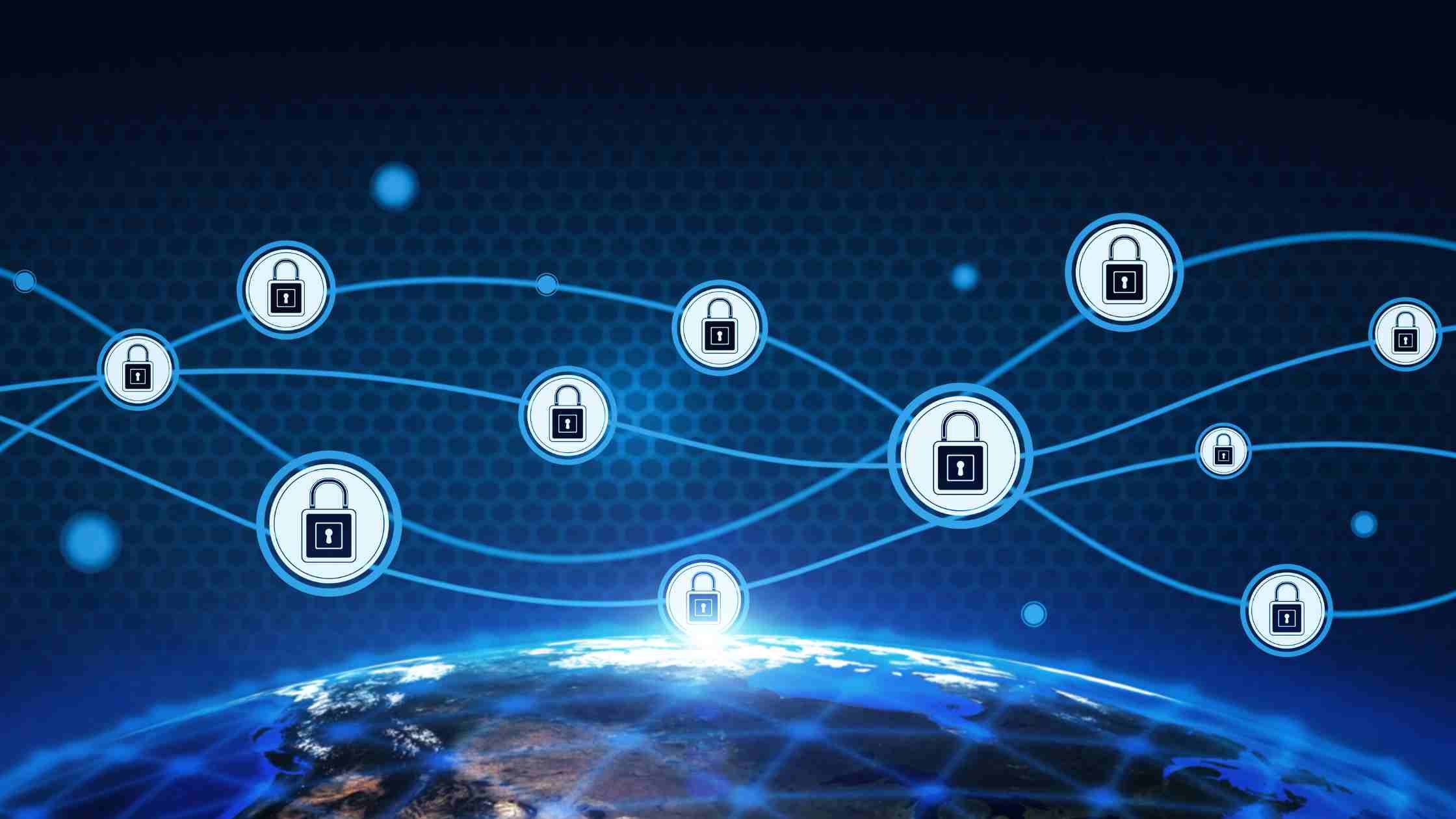 image with a chain of connected padlocks over the top of the globe