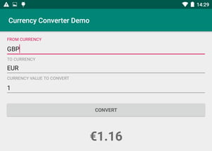 Screenshot from a currency conversion example on the Currency Converter Demo app.
