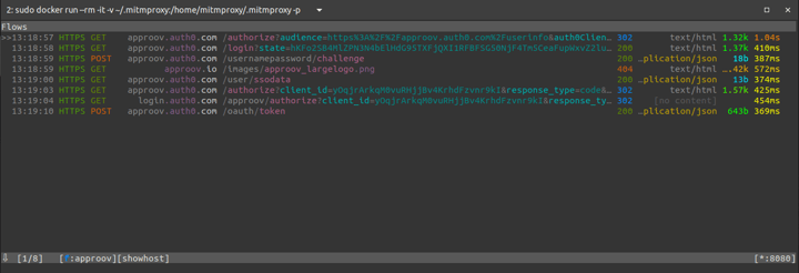 Screenshot from when mitmproxy intercepted requests before starting Frida