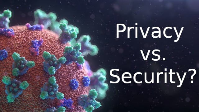 Microscopic view of virus cell on dark background next to text 'Privacy vs. Security'
