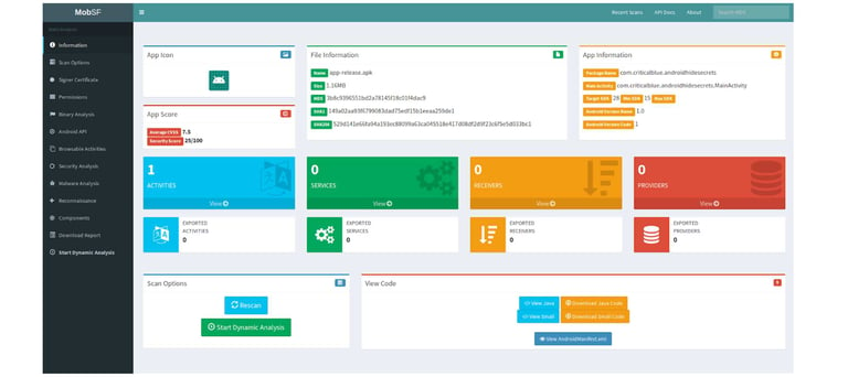 screenshot from the mobile securirty framework dashboard