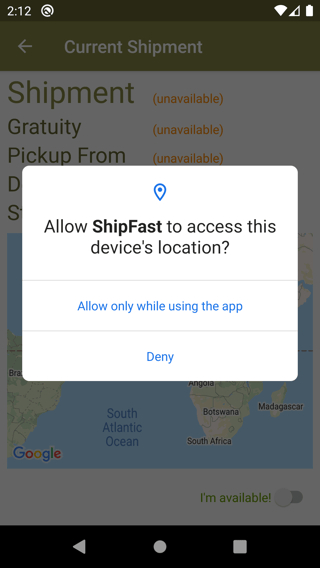 Screenshot from Shipfast authorize device location step 1