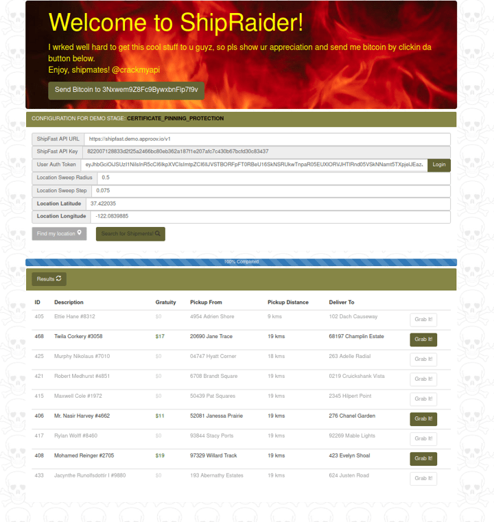 Screenshot from the Shipraider webpage on the shipments list