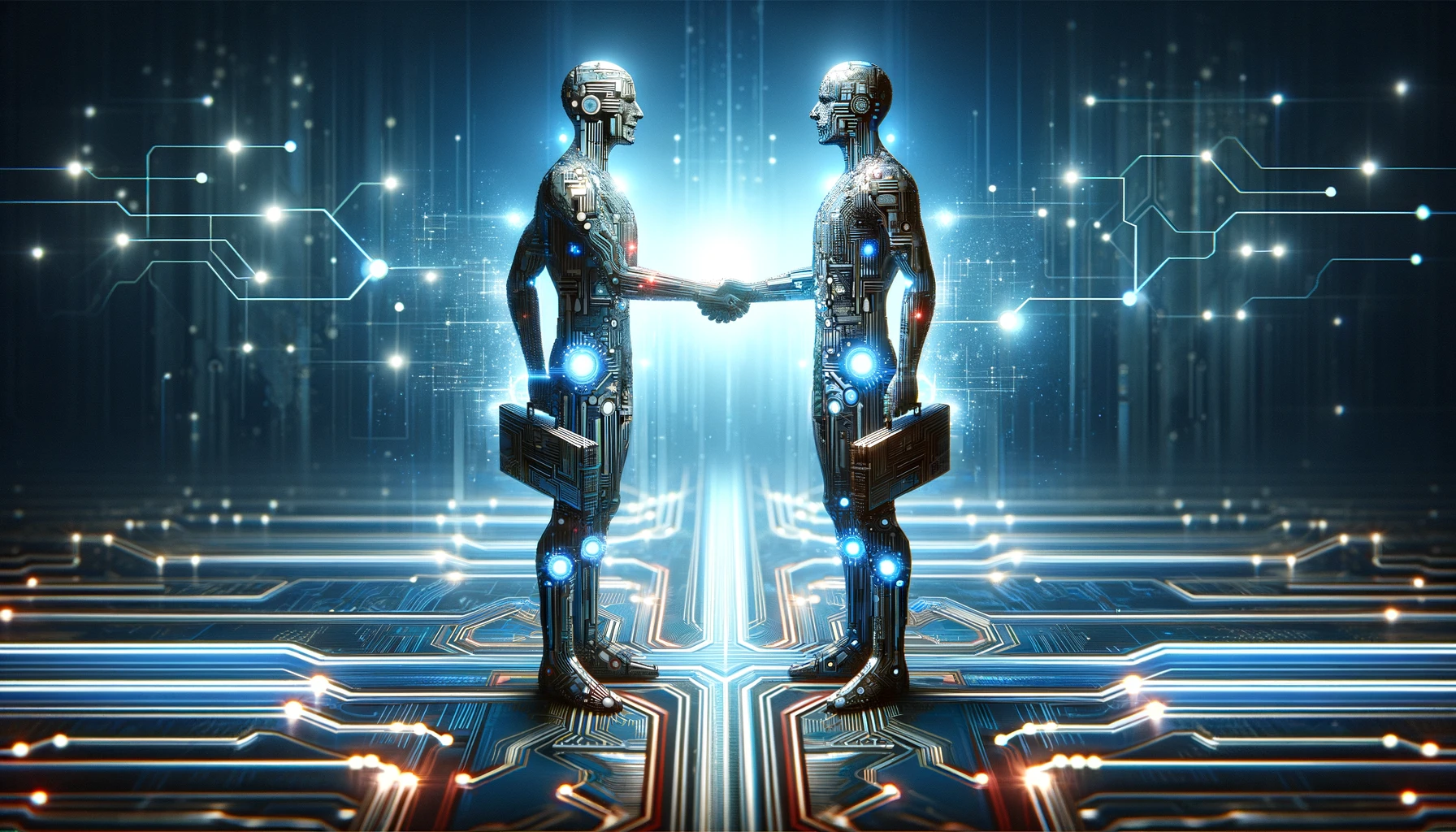 Two abstract humanoid figures composed of digital elements, shaking hands over a futuristic background.