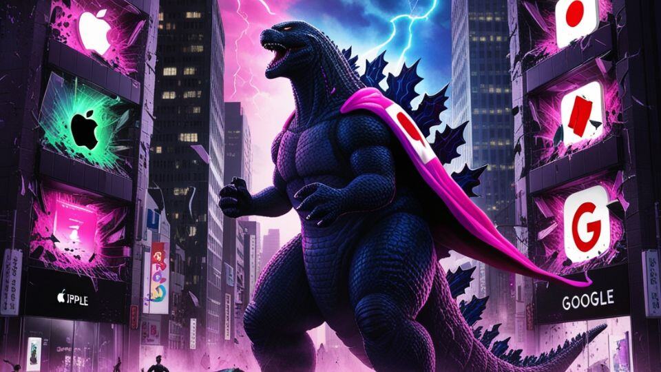 AI gen image of Godzilla like character in a city
