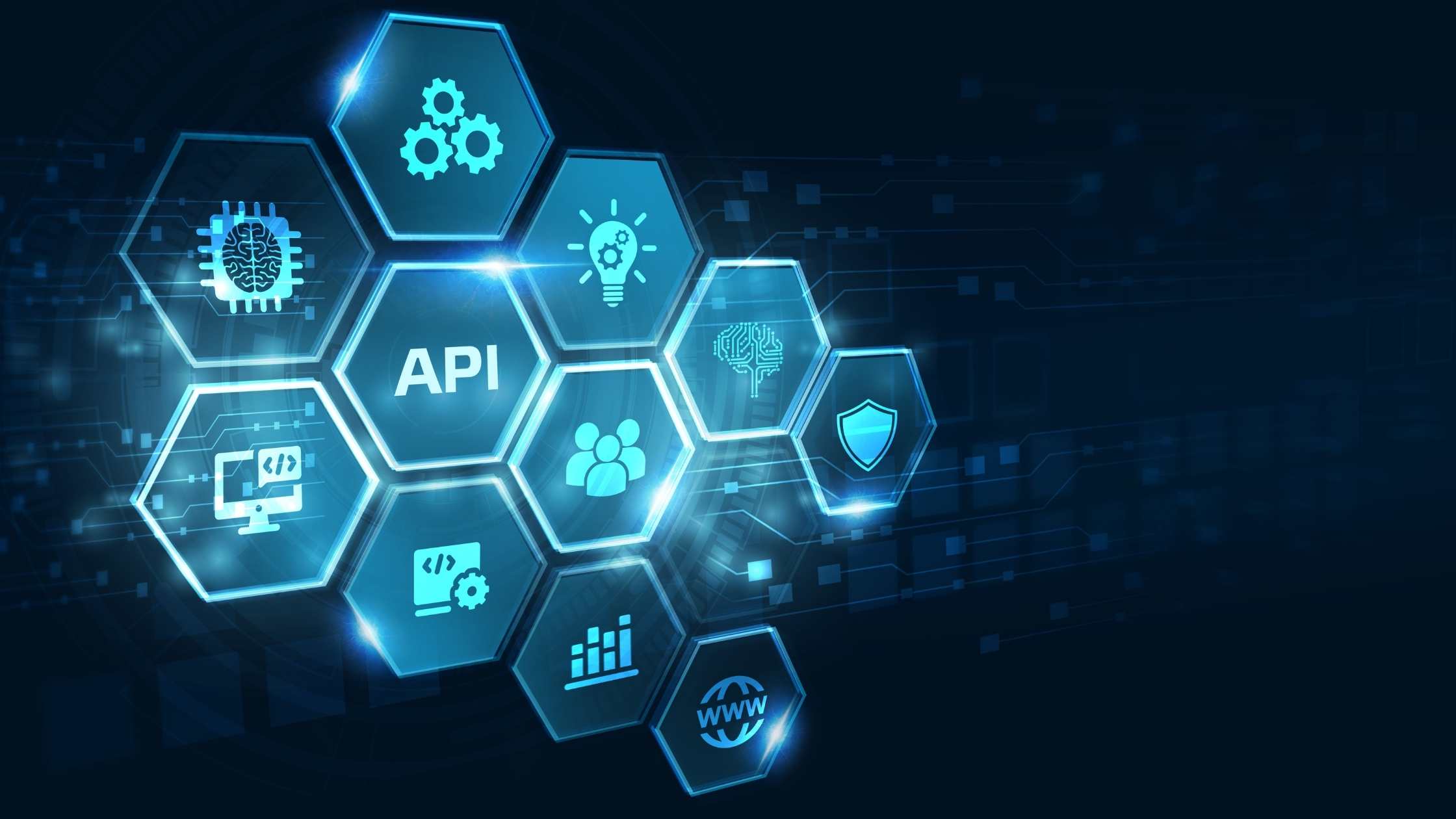 API Application Programming Interface concept, dark background with blue hexagons and technology icons