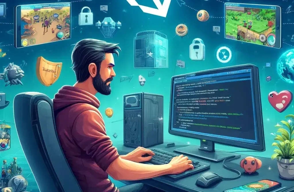 A dynamic scene showcasing the integration of security measures in a mobile game development environment- A developer working on a computer