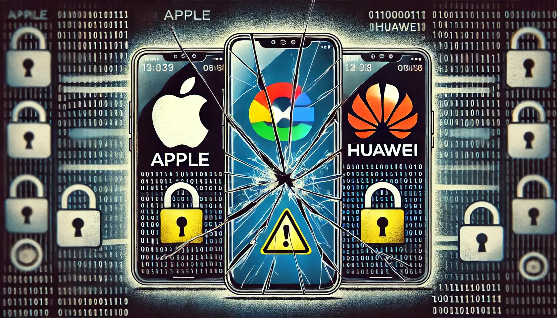 An image of a smartphone screen split into three sections, each representing Apple, Google, and Huawei. 