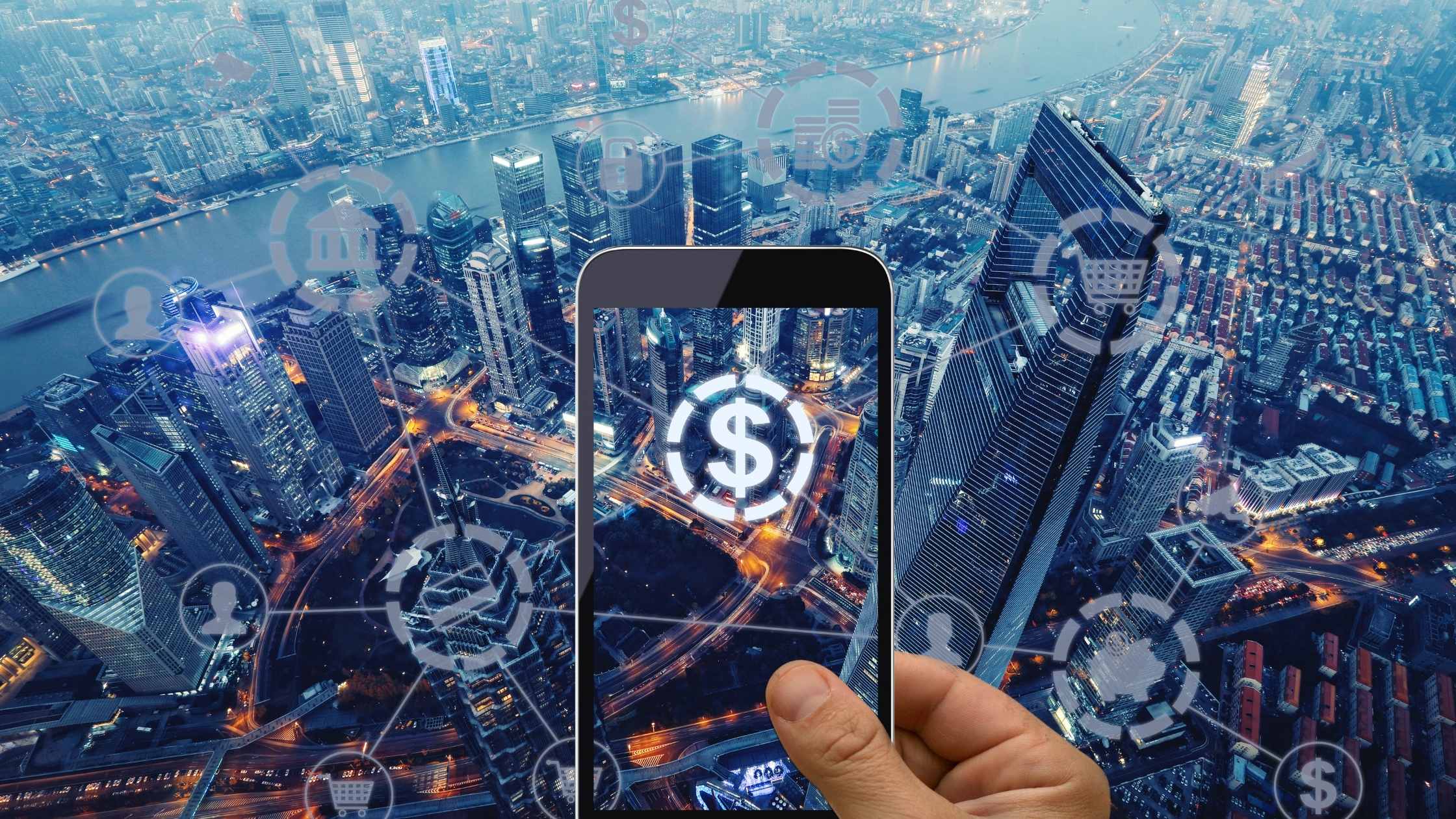 Financial Services and mobile banking concept; city in background, hand holding mobile phone with dollar symbol