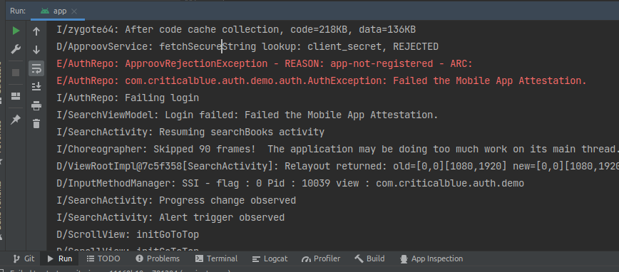 Android studio logs with the reason for the login failure