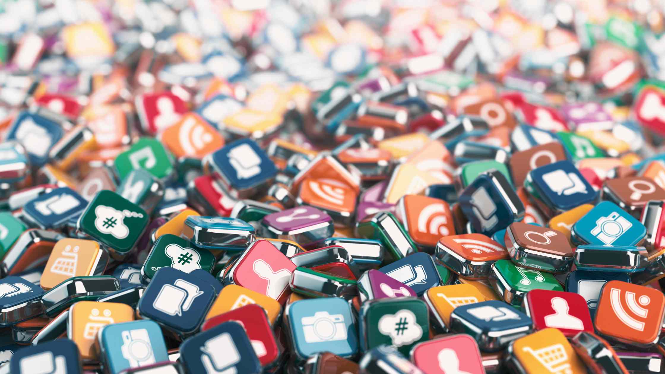 Large pile of colourful app icons in 3D rendering