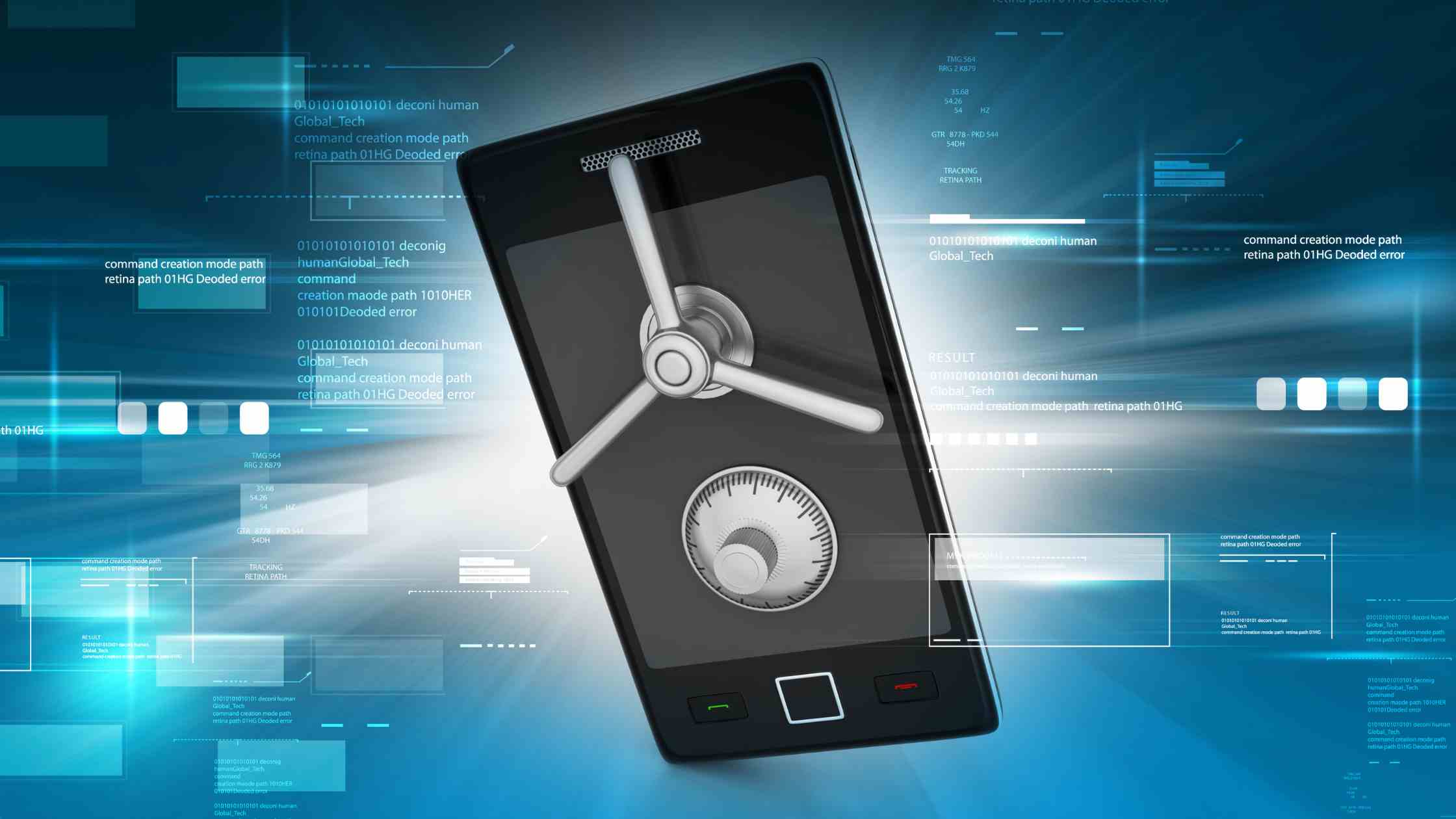 Mobile banking security concept; smartphone with bank vault style attachments