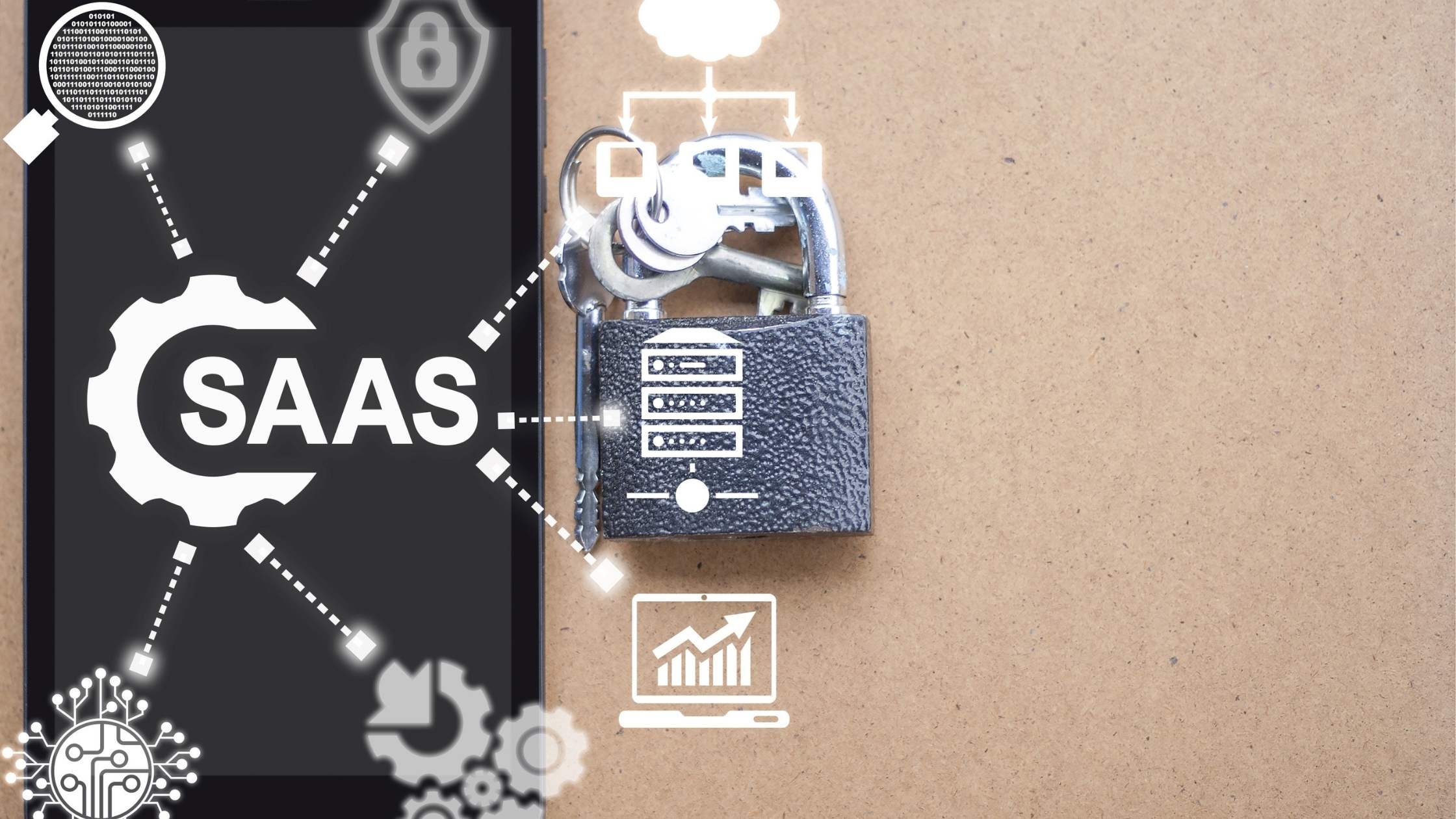 SaaS Security concept; Technology icons with padlock and keys on a brown and black background