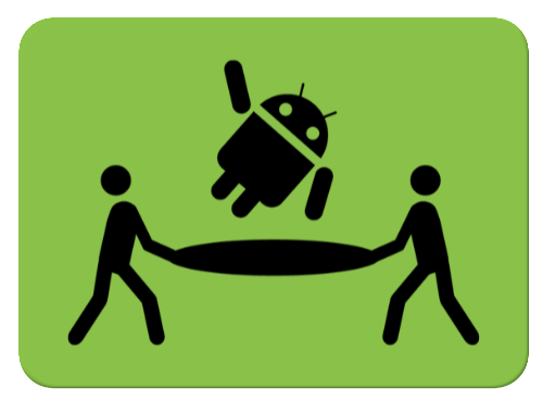 SafetyNet concept; Green background with two human stick figures holding a blanket ready to catch the Android robot